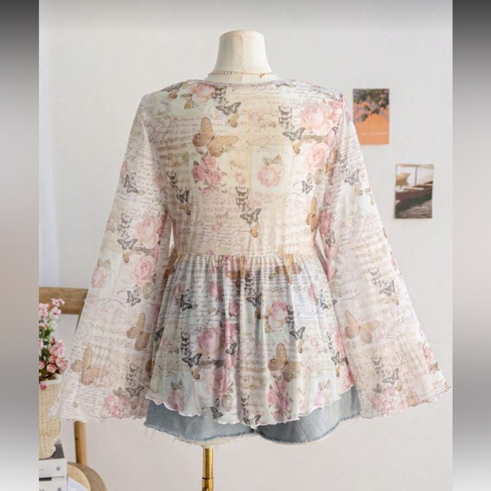 Butterfly Floral Sheer Blouse with Bell Sleeves - Picture 2 of 4